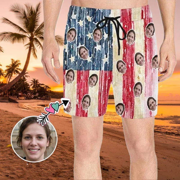 Custom Face Flag Men's Quick Dry Swim Shorts, Personalized Funny Swim Trunks