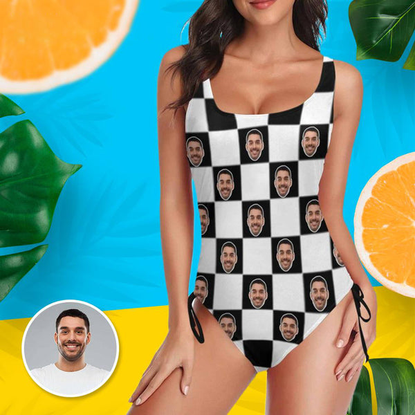 Custom Face Grid Swimsuit Personalized Women's New Drawstring Side One Piece Bathing Suit Birthday Gift For Her