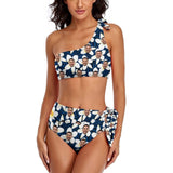 Custom Face Beautiful Flowers One Shoulder Tie Crop Top & High-Waisted Bikini