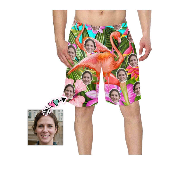 Custom Face Flamingos Flowers Men's Beach Shorts