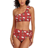 Custom Face Double White Love Red Background One Shoulder Tie Crop Top & High-Waisted Bikini