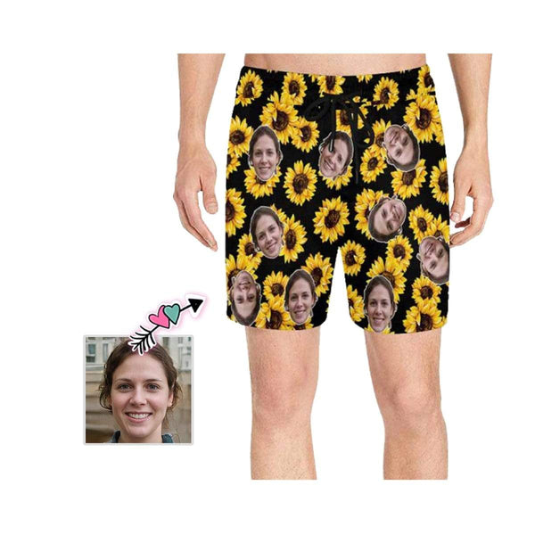 Custom Face Sunflowers Men's Quick Dry Swim Shorts, Personalized Funny Swim Trunks