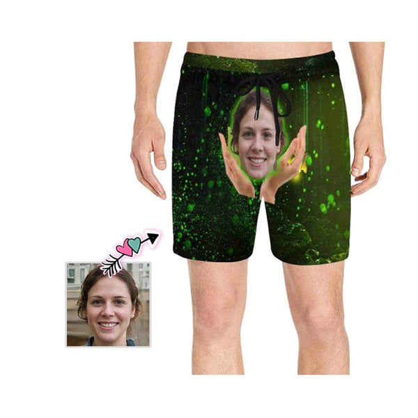 Custom Face Green Men's Quick Dry Swim Shorts, Personalized Funny Swim Trunks