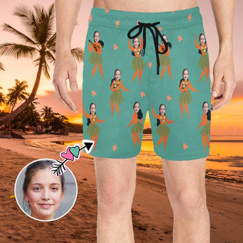 Custom Face Hawaiian Style Men's Quick Dry Swim Shorts, Personalized Funny Swim Trunks