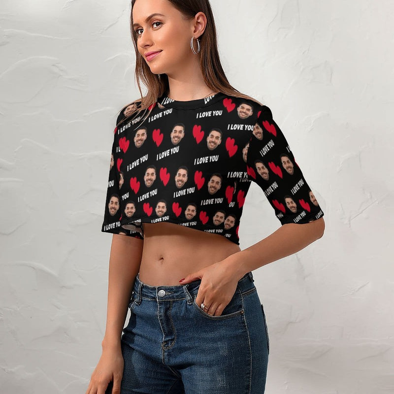 Custom Face Red Love Black Background Short Crop T-shirt