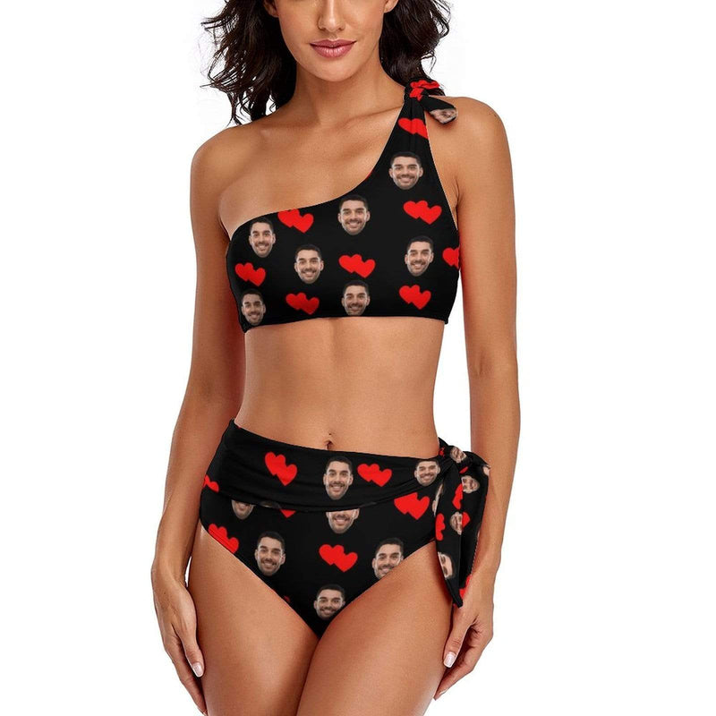 Custom Face Double Red Love Personalized Bikini Swimsuit One Shoulder Tie Crop Top & High-Waisted Bikini Honeymoons For Her