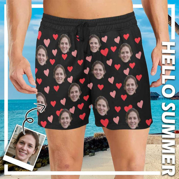 Custom Face Colorful Heart Men's Quick Dry Swim Shorts, Personalized Funny Swim Trunks