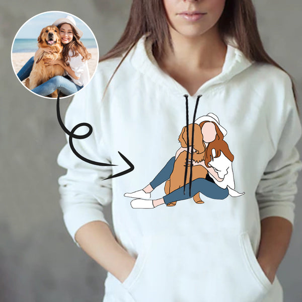 Custom Portrait Outline Shirt, Line Art Photo Shirt For Female, Custom Women's All Over Print Hoodie, Photo Outline Outfit For Pet White