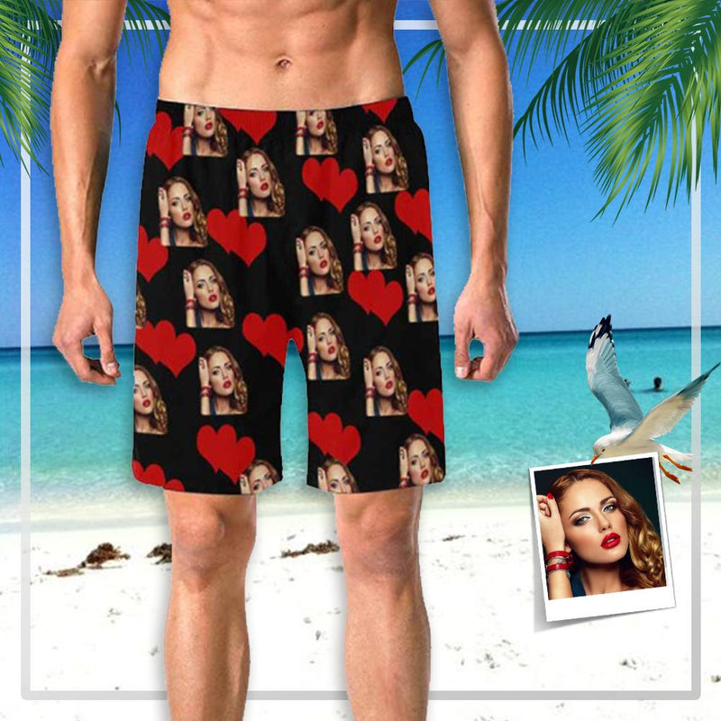 Custom Girlfriend Face Heart Personalized Photo Men's Elastic Beach Short