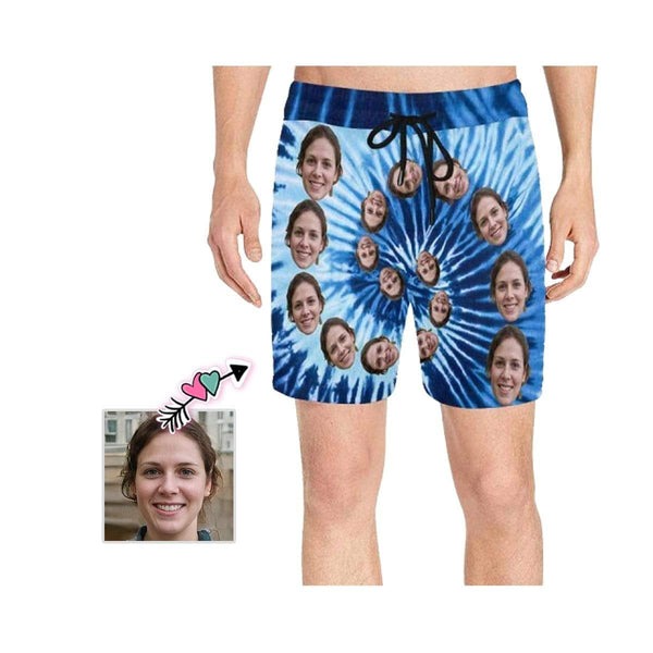 Custom Face Blue Men's Quick Dry Swim Shorts, Personalized Funny Swim Trunks