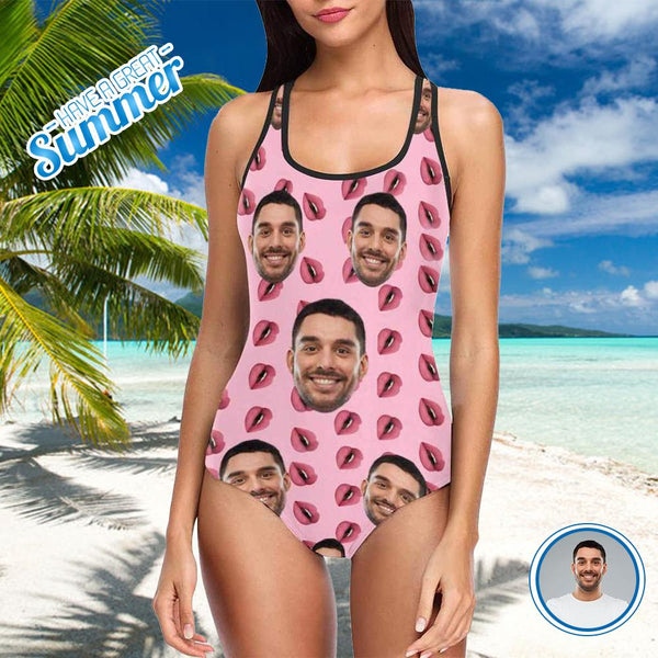 Custom Face Pink Lips Women's Tank Top Bathing Swimsuit