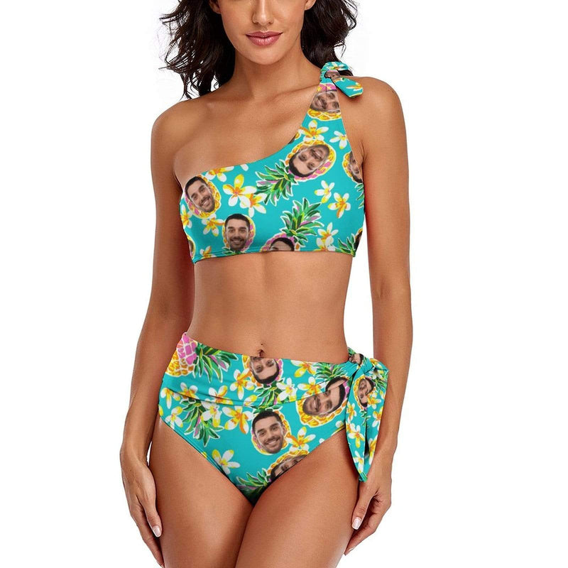 Custom Face Green Pineapple Hawaii Personalized One Shoulder Tie Crop Top & High-Waisted Bikini Swimsuit