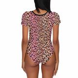 Custom Face Leopard Pink Women's Short Sleeve Bodysuit-Swimsuit-Bathing Suit