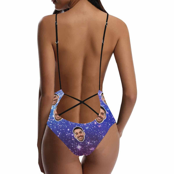 Custom Boyfriend Face Starry Sky Swimsuit Personalized Women's One-Piece Bathing Suit Gift For Her