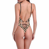 Custom Boyfriend Face Swimsuit Personalized Leopard Women's Halter Straps Backless Bathing Suit Honeymoons For Her