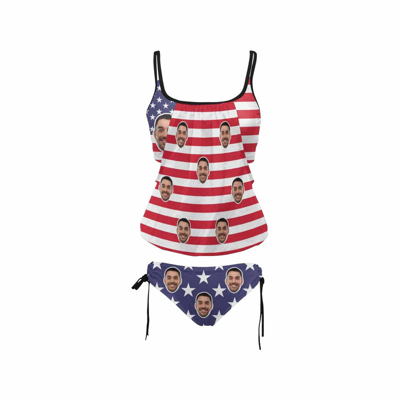 Custom Face USA Flag Swimsuit Personalized Womens Tankini Top Sets Bikini Two Piece Bathing Suit