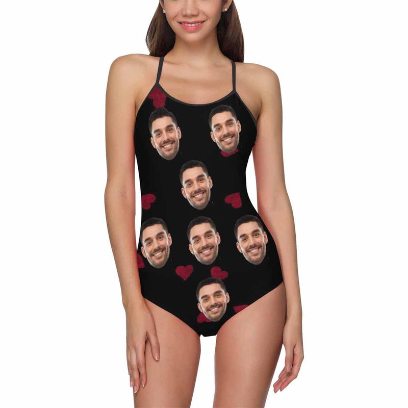 Custom Face Swimsuit Personalized Love Heart Women's Slip One Piece Bathing Suit Birthday Valentine's Gift