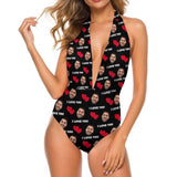 Custom I Love You Face Swimsuit Women's Backless V-Neck One Piece Bathing Suit Honeymoons For Her