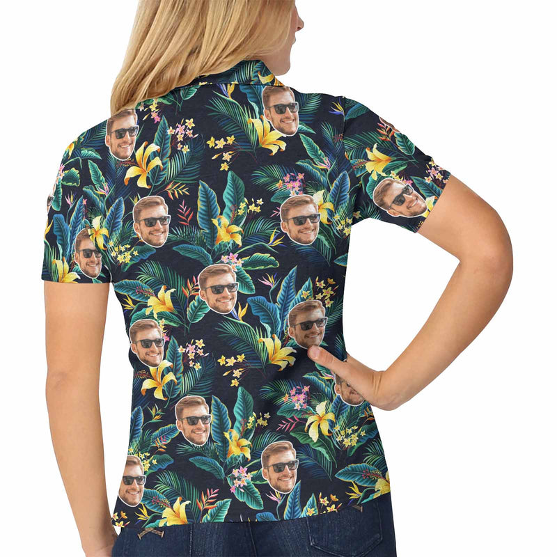 Custom Face Yellow Flowers Green Polo Shirt For Women, Personalized Photo Shirt, Customized Women's All Over Print Polo Shirt