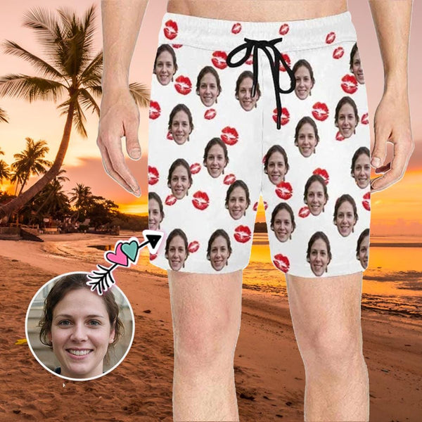 Custom Face Lips Men's Quick Dry Swim Shorts, Personalized Funny Swim Trunks