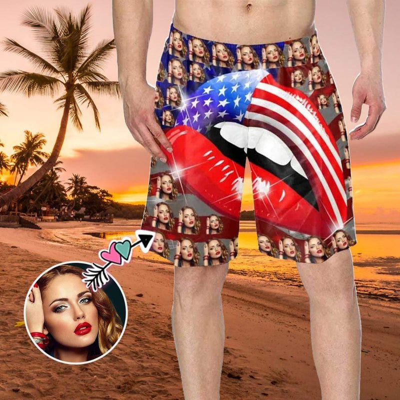 Custom Face Flag Mouth Personalized Photo Men's Elastic Beach Short