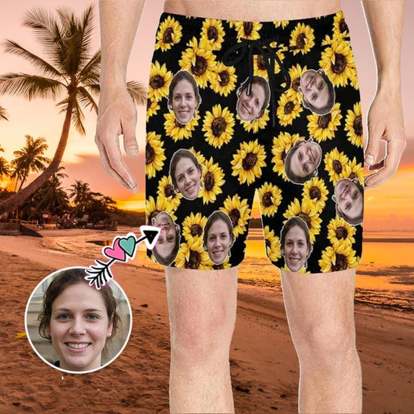 Custom Face Sunflowers Men's Quick Dry Swim Shorts, Personalized Funny Swim Trunks