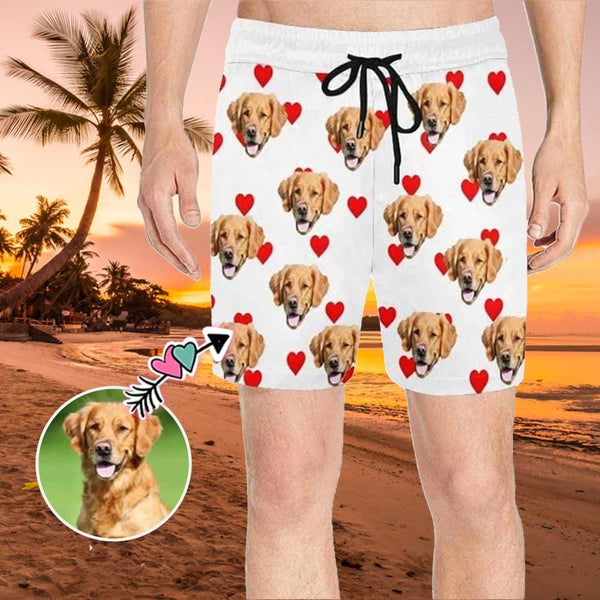 Custom Pet Face Heart Men's Quick Dry Swim Shorts, Personalized Funny Swim Trunks