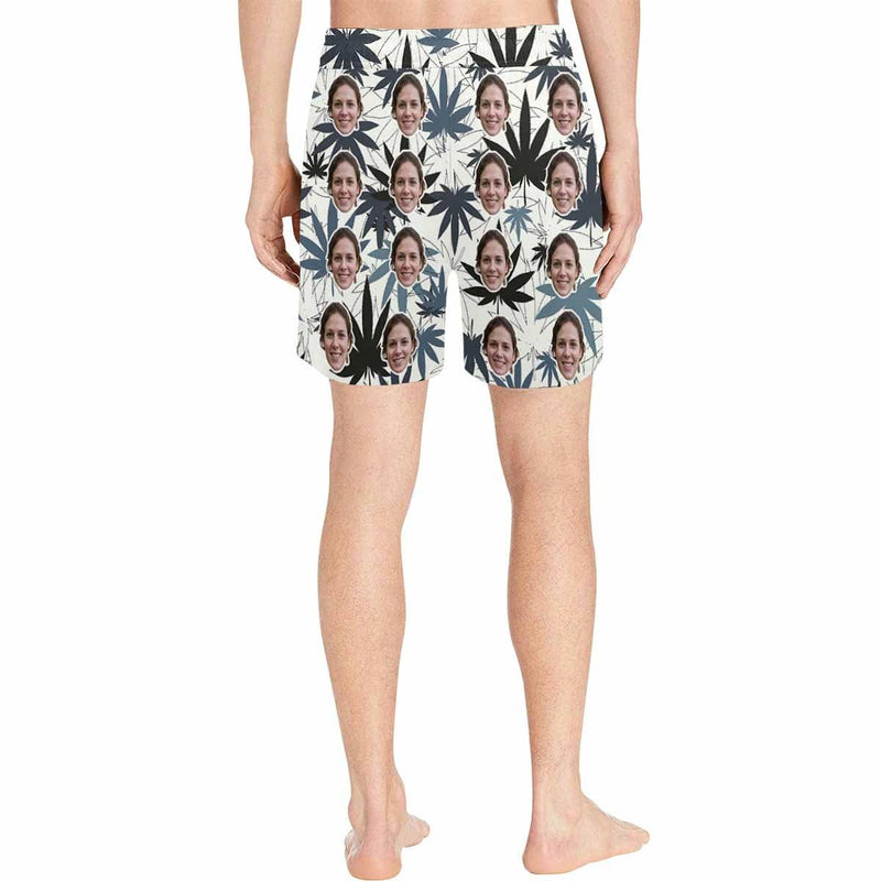 Custom Face Maple Leaf Men's Quick Dry Swim Shorts, Personalized Funny Swim Trunks