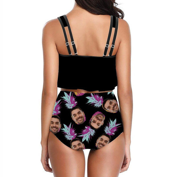 Custom Tankinis Face Pineapple Black Bikini Personalized Women's High Waisted Swimsuit Ruffled Top Bathing Suits