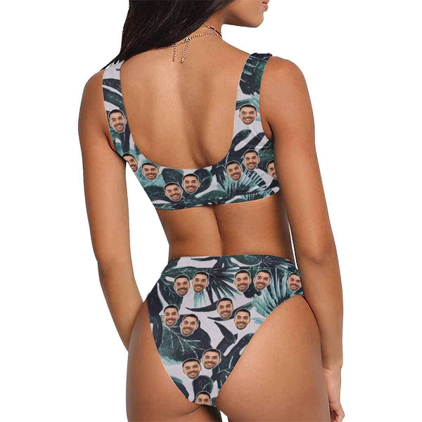 Custom Face Summer Plant Personalized Sport Top & High-Waisted Bikini Swimsuit Vacation Pool Party