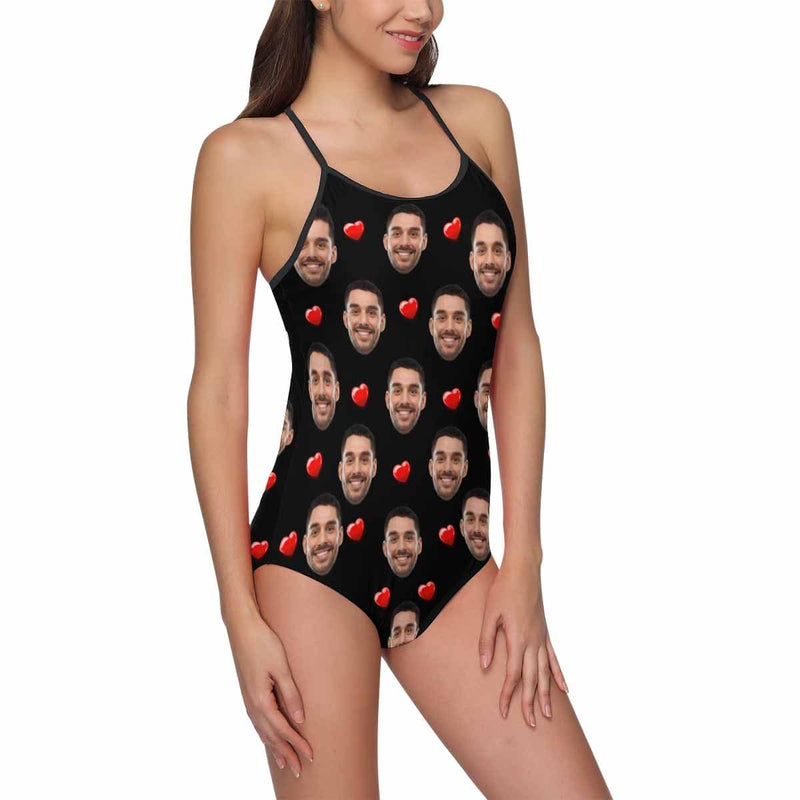 Custom Face Red Heart Women's Slip One Piece Swimsuit