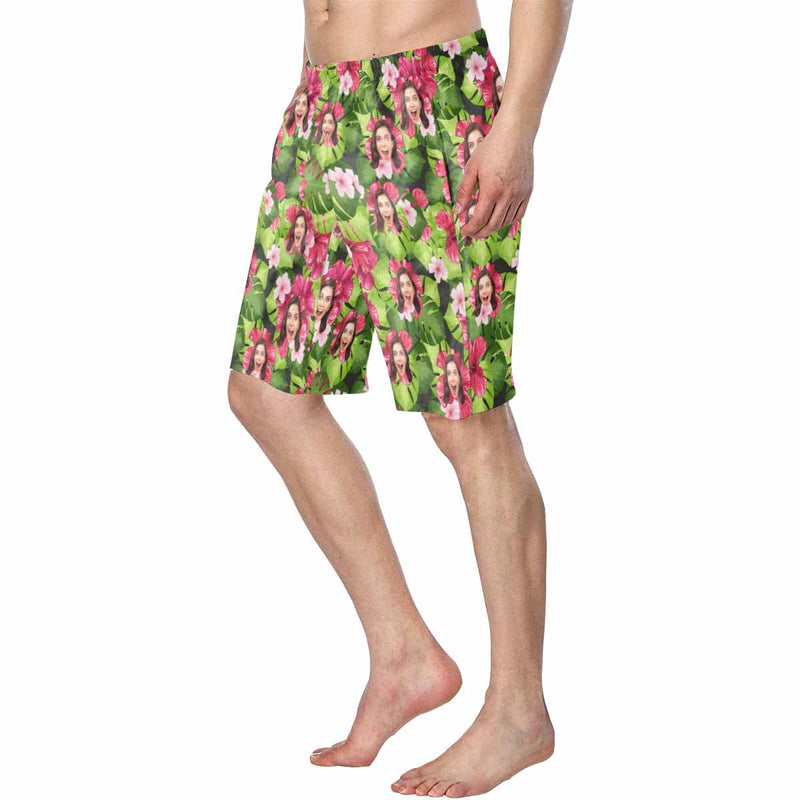 Custom Face Flowers&Leaves Personalized Photo Men's Elastic Beach Short