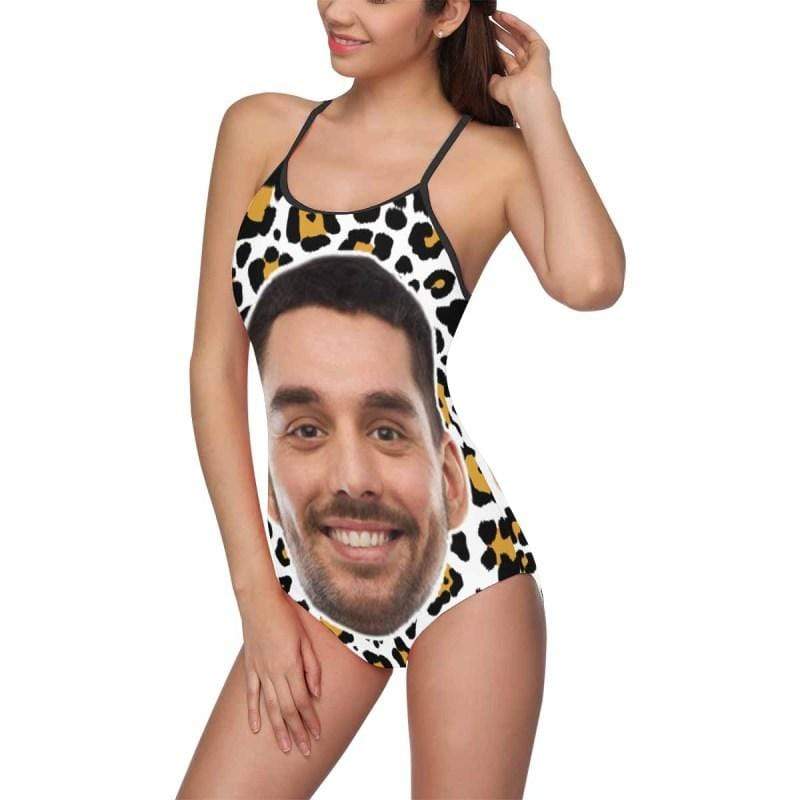 Custom Face Leopard Personalized Women's Slip One Piece Bathing Suit Honeymoons Party Swimsuits