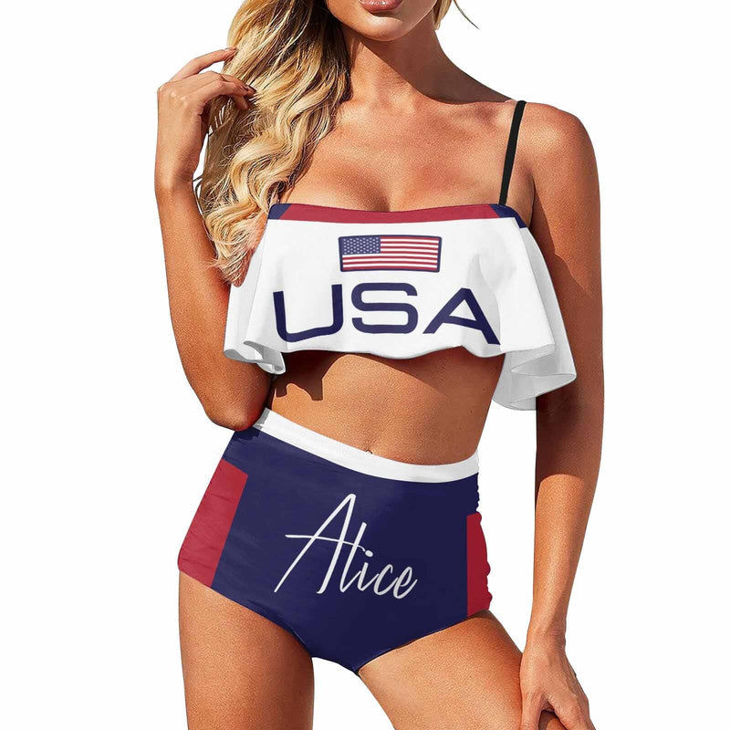 Custom Name USA Flag Bikini Personalized Women's Swimsuit Ruffle Bathing Suits