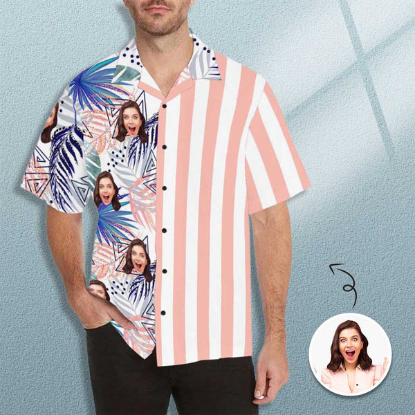 Personalized Leaves Face Pink Stripes Hawaiian Shirts Casual Comfort Men's Summer Shirts Birthday Funny Design Shirt