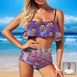 Custom Face Purple Starry Sky Personalized Bikini Swimsuit Beautiful Ruffle Bathing Suits Pool Party