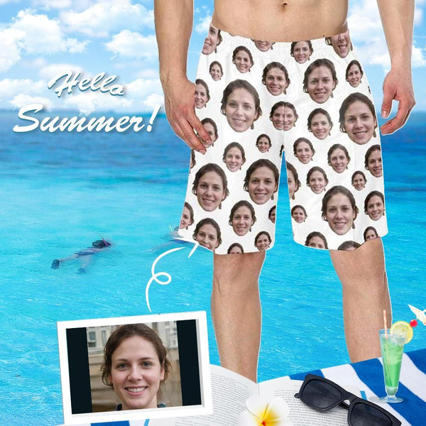 Custom Face White Personalized Photo Men's Elastic Beach Short