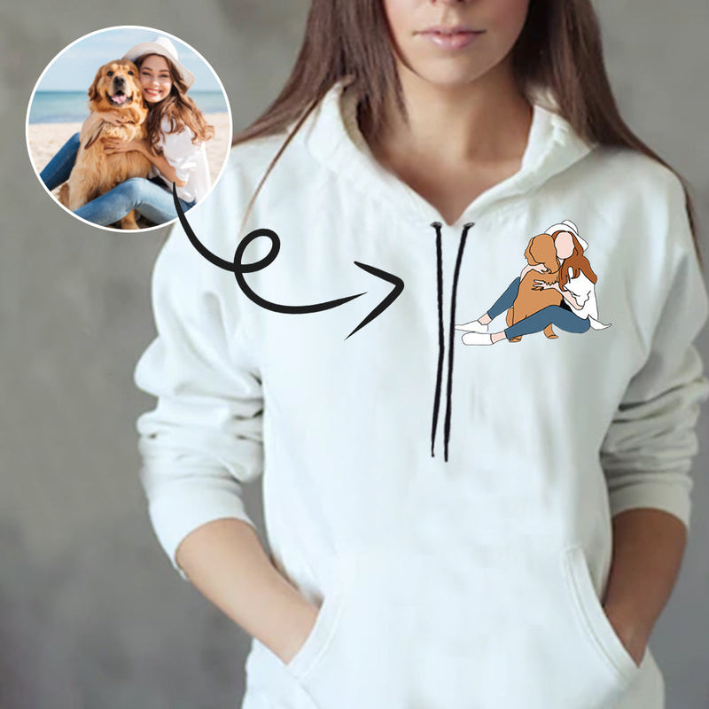 Custom Portrait Outline Shirt, Line Art Photo Shirt For Female, Custom Women's All Over Print Hoodie, Photo Outline Outfit For Pet White