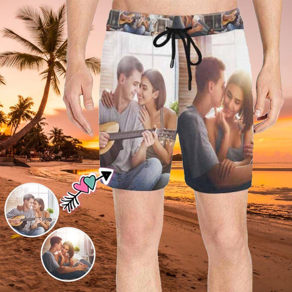 Custom Photo Loving Couple Romance Men's Quick Dry Swim Shorts, Personalized Funny Swim Trunks