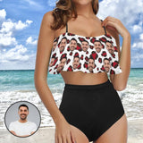 Custom Face Red Spotted Leopard Ruffle Bathing Suits Personalized Bikini Swimsuit Honeymoons For Her