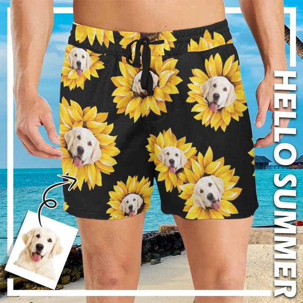 Custom Face Sunflower Men's Quick Dry Swim Shorts, Personalized Funny Swim Trunks