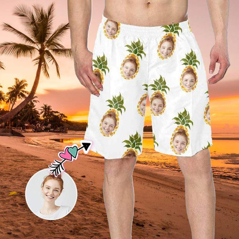 Custom Face Pineapple White Personalized Photo Men's Elastic Beach Short