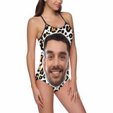 Custom Face Leopard Personalized Women's Slip One Piece Bathing Suit Honeymoons Party Swimsuits