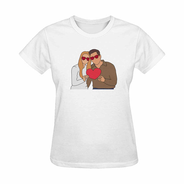 Custom Portrait Outline Shirt, Line Art Photo Shirt For Female, Custom Women's All Over Print T-shirt, Photo Outline Outfit For Couple White