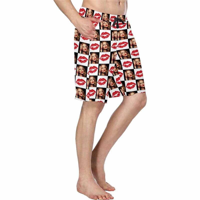 Custom Face Red Mouth Men's All Over Print Casual Shorts