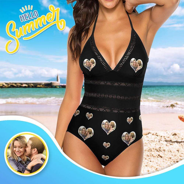 Custom Photo Love Couple Swimsuit Personalized Women's New Strap One Piece Bathing Suit Honeymoons For Her