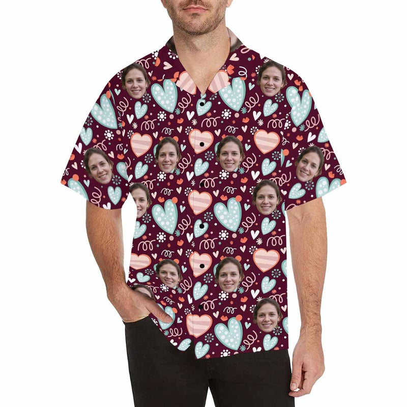 Custom Face Blue&Pink Hearts Men's All Over Print Hawaiian Shirt