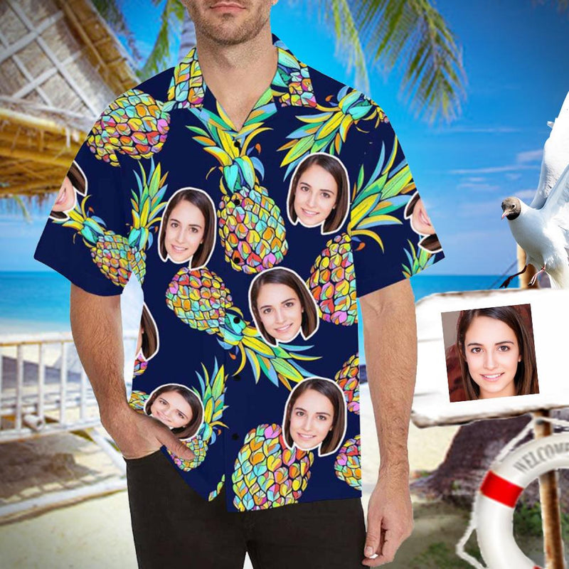 Custom Photo Hawaiian Shirts Photo Blue Pineapple Unisex & Teenage Create Your Own Aloha Shirt