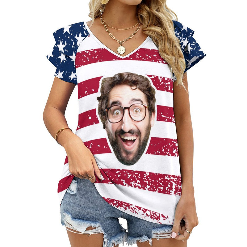 Custom Flag Face Women's T-Shirt Personalized Ruffle Short Sleeve V-Neck T-Shirt