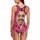 Custom Face Pink Leopard Zipper Swimsuit Personalized Women's Tank Top Bathing Swimsuit